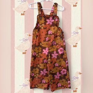 Qtee Floral Brown Pink Retro Style Overalls Dungarees Size 2-3Y